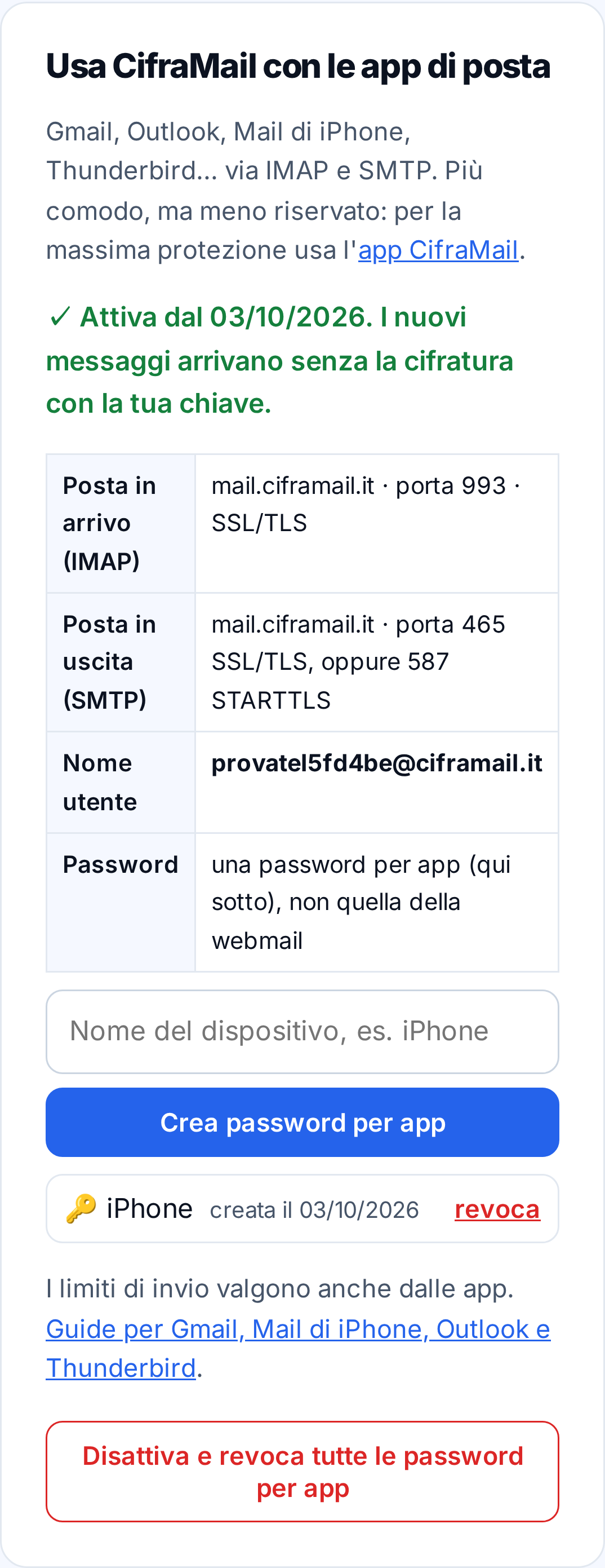 Account → Impostazioni → Usa CifraMail con le app di posta